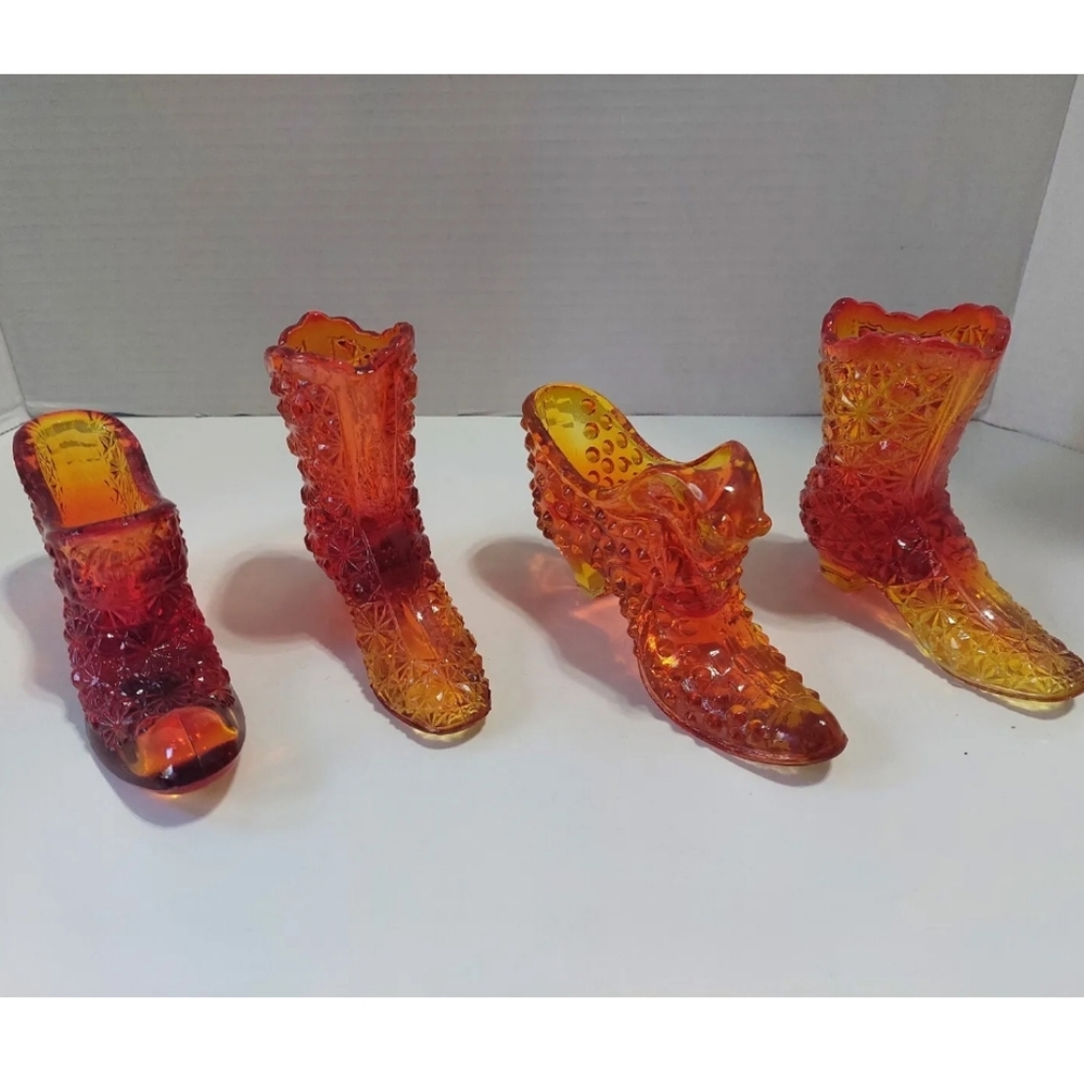 Lot Of 4 Glass Shoes Boot Collection Vintage Fenton LE Smith Amberina Glows